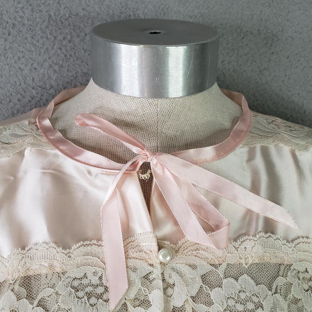 Vintage Long Lace Nightgown Sheer Robe Pink Ribbon Womens Size Large Peignor - Picture 9 of 13